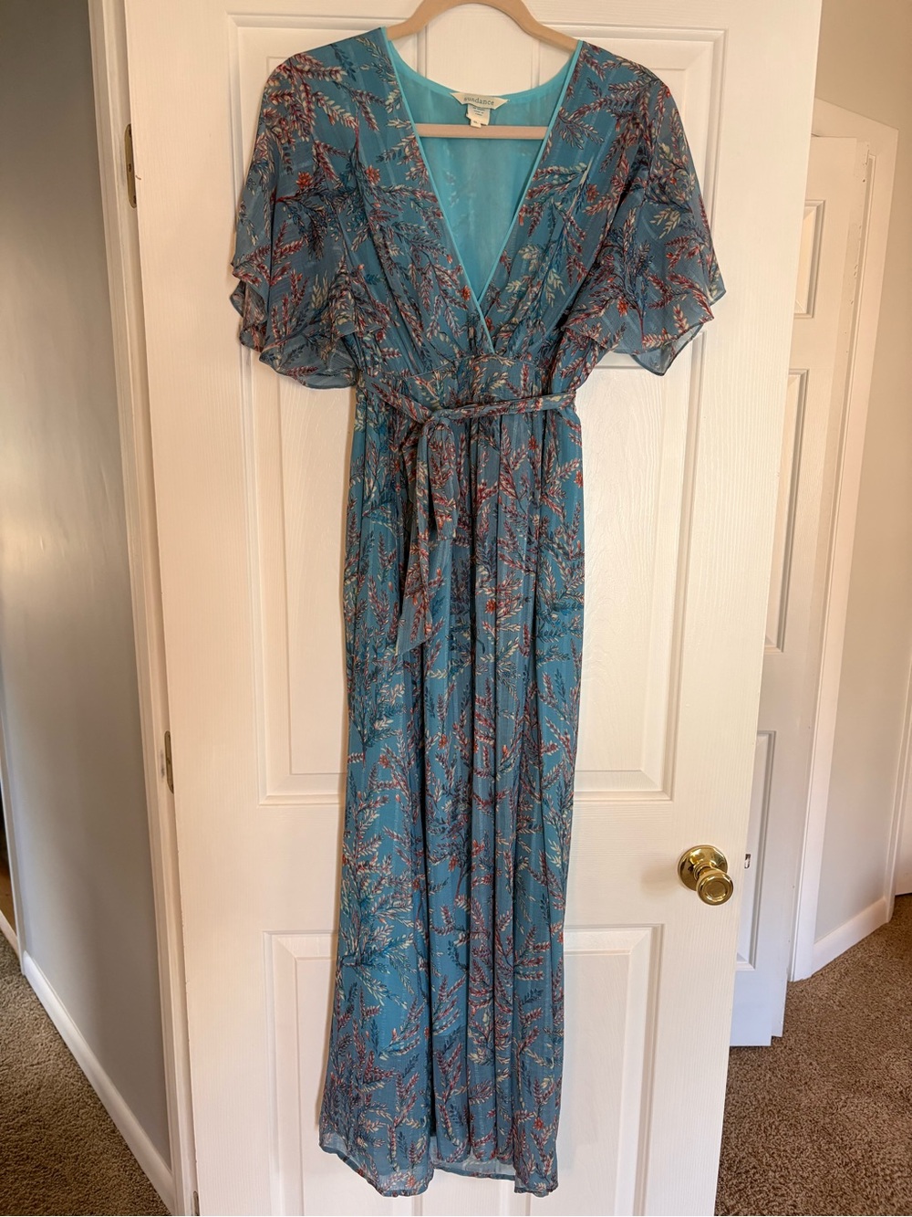 Sundance Teal Floral Sheer Flutter Sleeve Maxi Dress XL